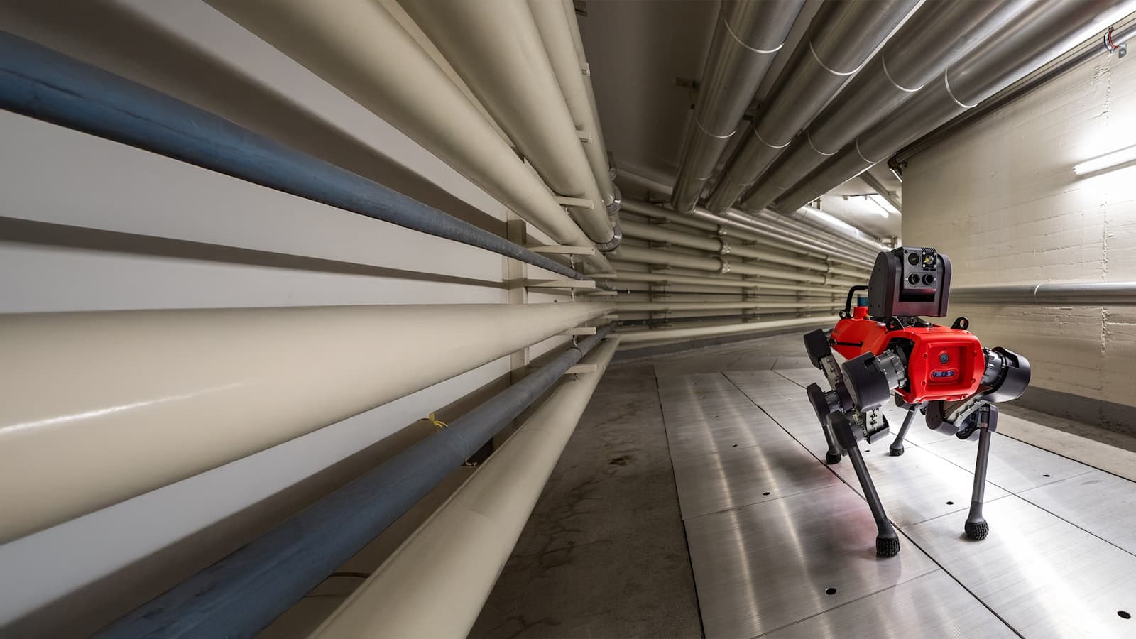 Advanced robotic system moving through an industrial facility.