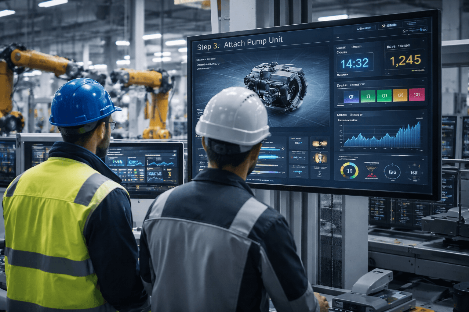 Engineers reviewing connected industrial systems on a factory floor.